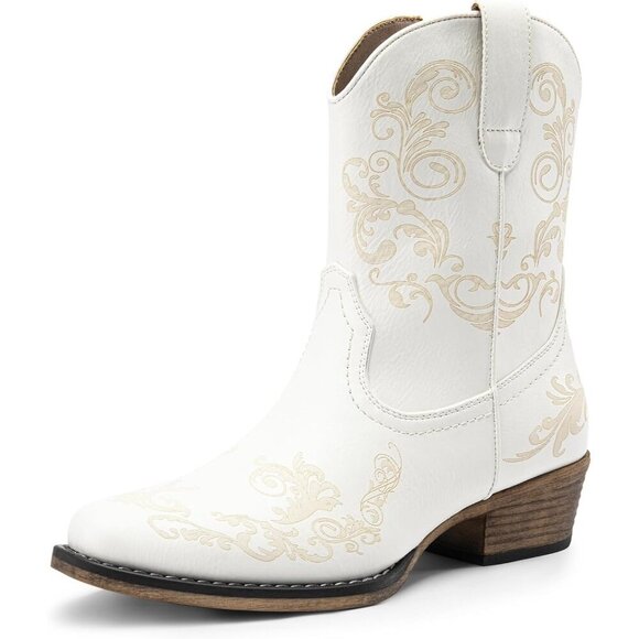 🆕White Women's Cowboy Cowgirl Western Ankle Boots Faux Leather Chunky Low Heels - Picture 1 of 7